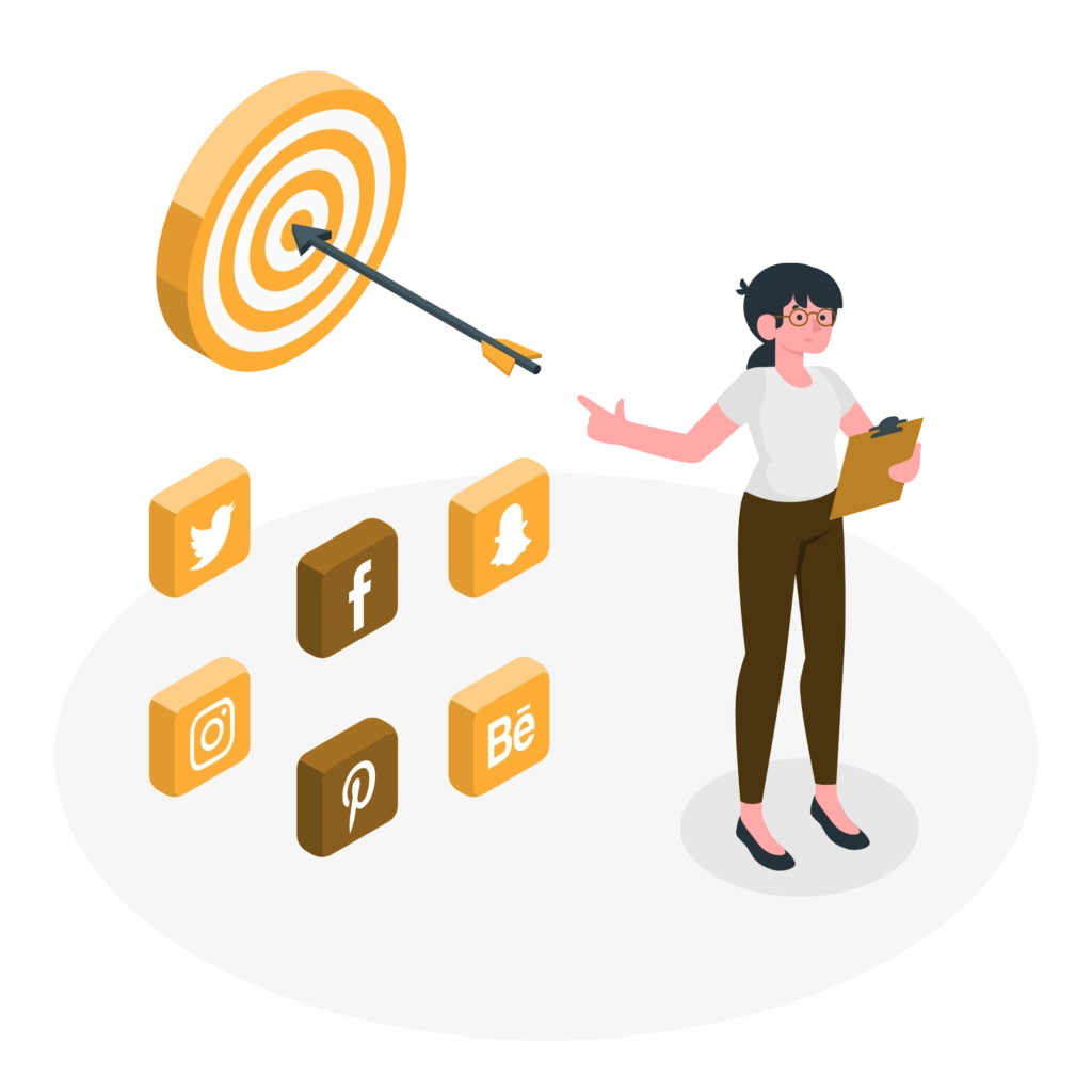 A strategic digital marketing illustration showing a professional woman hitting the bullseye with an arrow, surrounded by social media icons like Instagram and Facebook. This highlights my commitment to hitting client goals and delivering precise results."